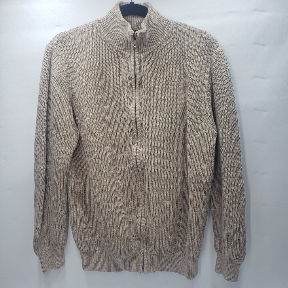 LL BEAN Sweater Mens Large Beige Long Pullover Knit Fishermans Casual Full Zip